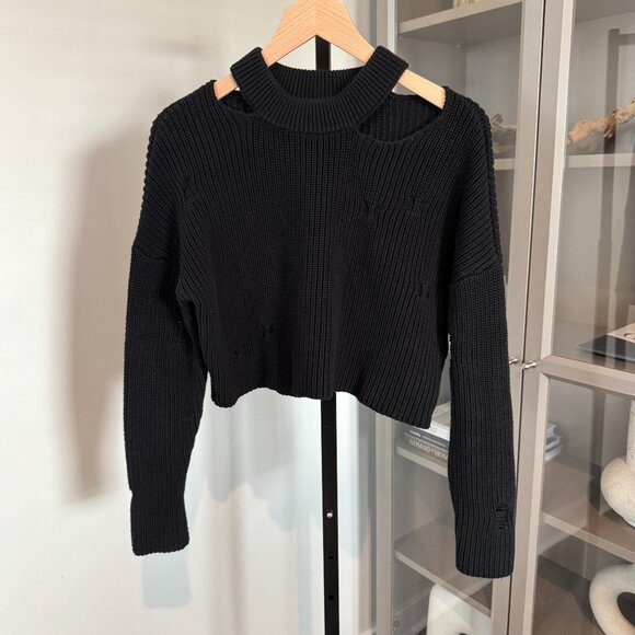 Ksubi Black Destroy Crop Sweater Rib-Knit Cutout Crewneck Distressed Size XS - Picture 1 of 8